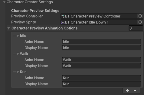 Character Preview Animation Options
